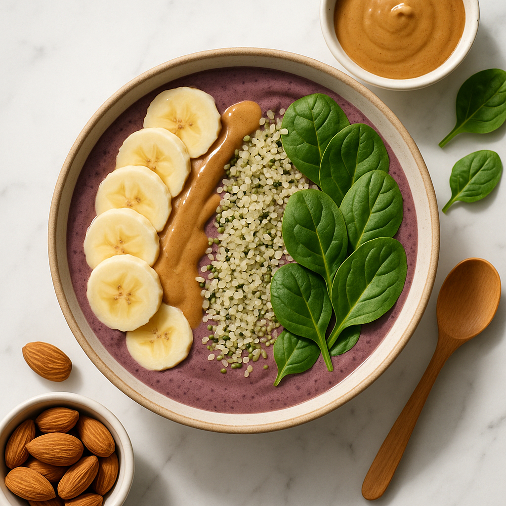 High Protein Dairy Free Smoothie Bowl with Almond Butter and Hemp Seeds