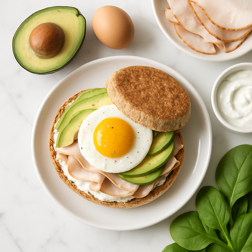 High Protein Egg and Avocado Breakfast Sandwich with Turkey and Greek Yogurt Spread