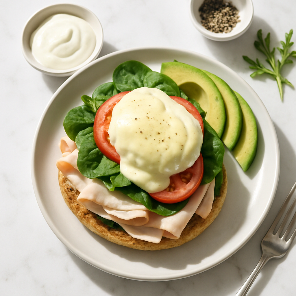 High Protein Eggs Benedict with Turkey and Greek Yogurt Hollandaise