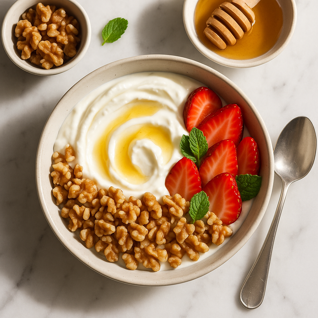 High Protein Greek Yogurt Breakfast Bowl with Honey and Walnuts