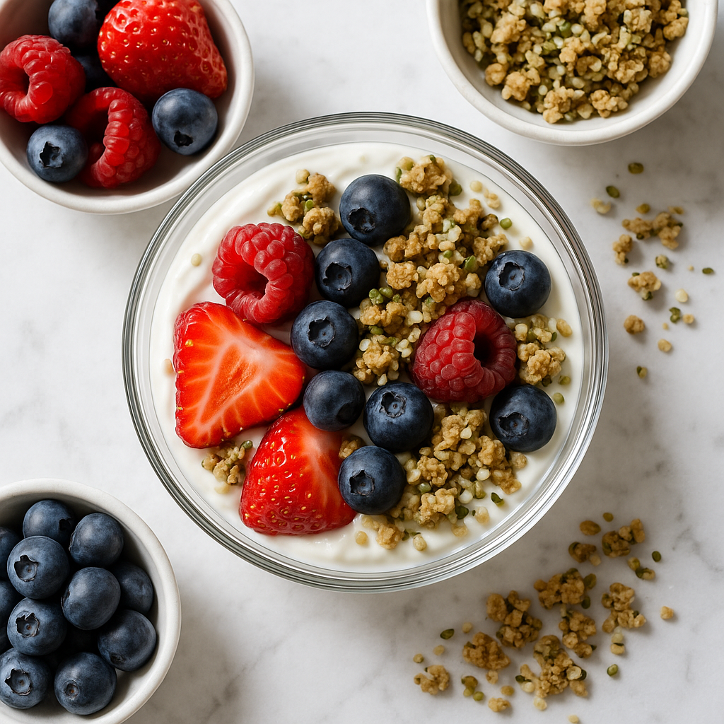 High Protein Greek Yogurt Parfait with Berries and Crunchy Hemp Granola