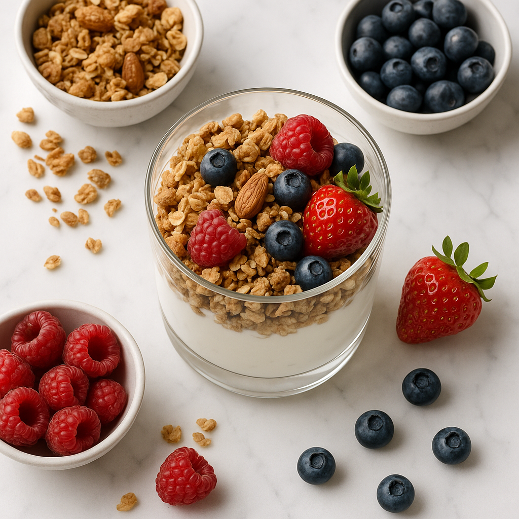 High Protein Greek Yogurt Parfait with Granola and Berries