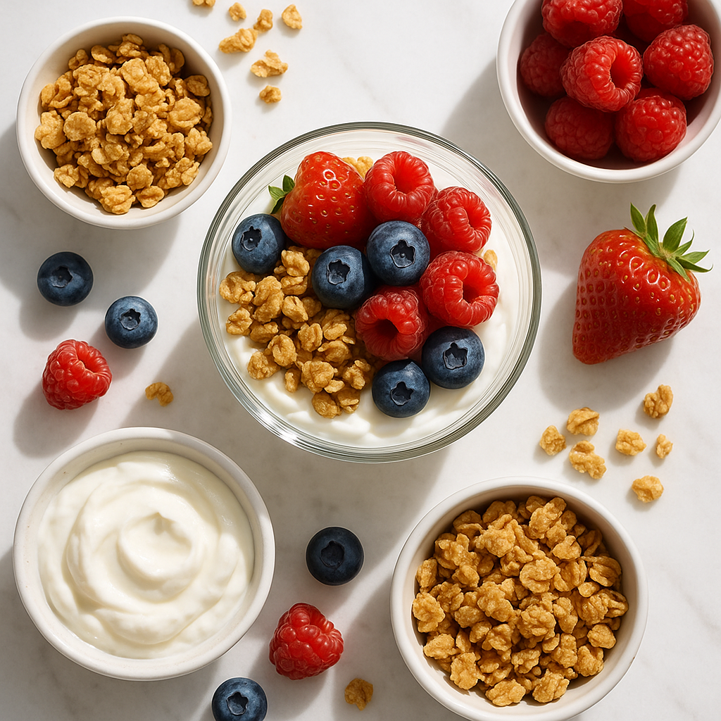 High Protein Greek Yogurt Parfait with Granola and Fresh Berries