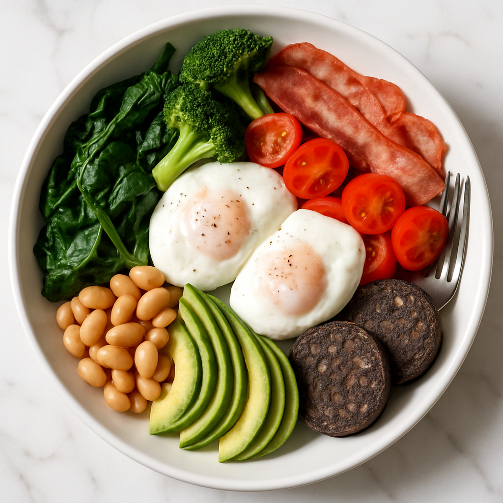 High Protein Irish Breakfast Bowl with Poached Eggs and Black Pudding Alternative