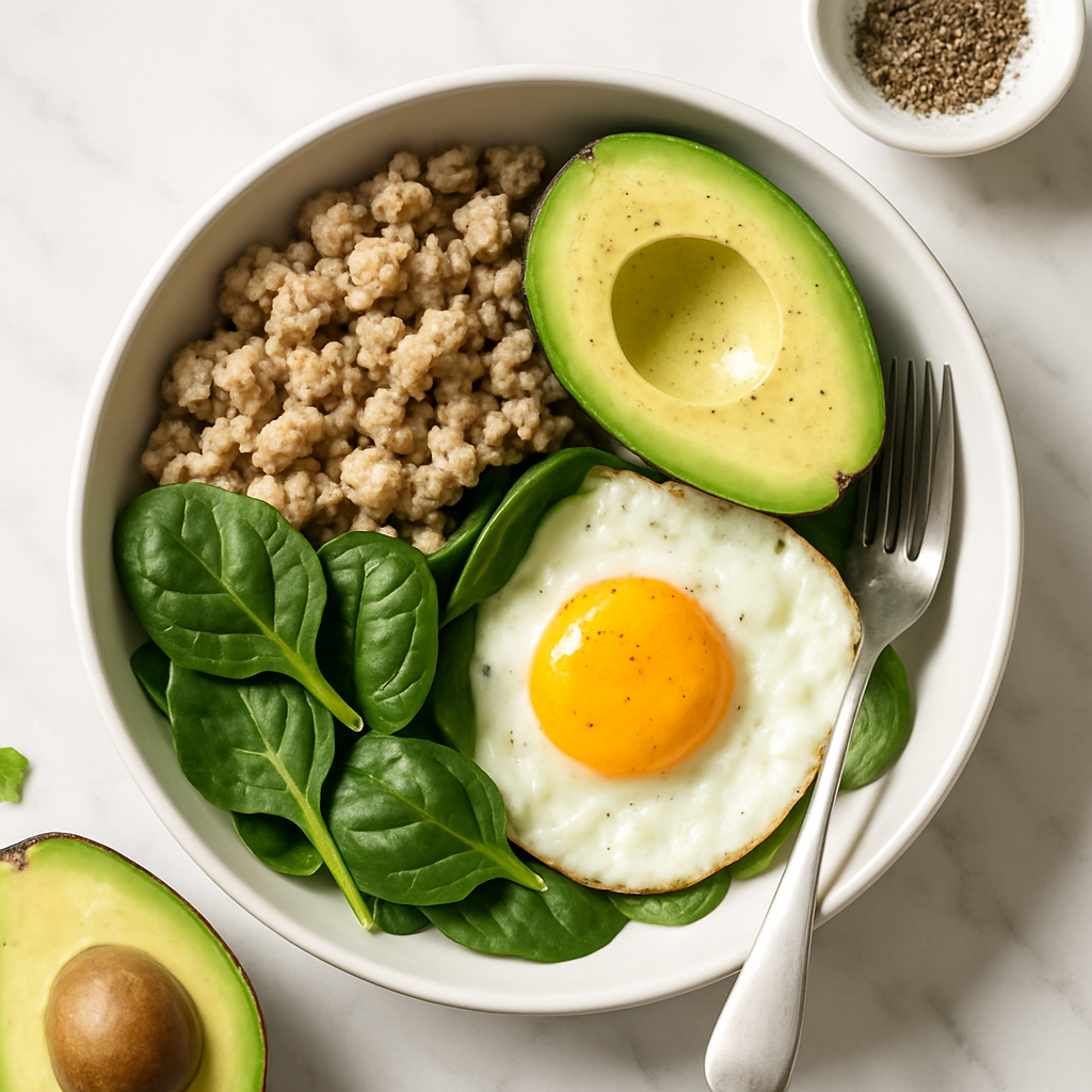 High Protein Keto Turkey and Egg Breakfast Bowl with Avocado and Spinach