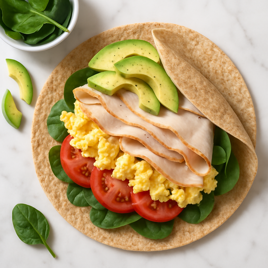 High Protein Low Calorie Turkey and Egg Breakfast Wrap