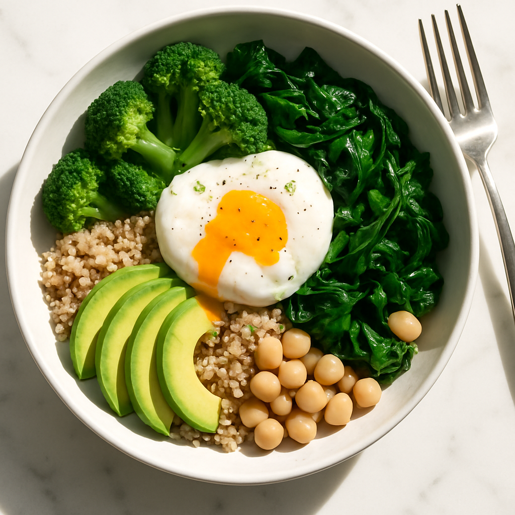 High Protein Quinoa Breakfast Bowl with Poached Egg and Greens