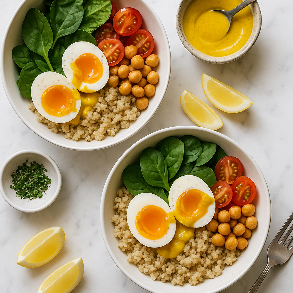 High Protein Quinoa Breakfast Bowls with Soft Boiled Eggs and Turmeric Tahini