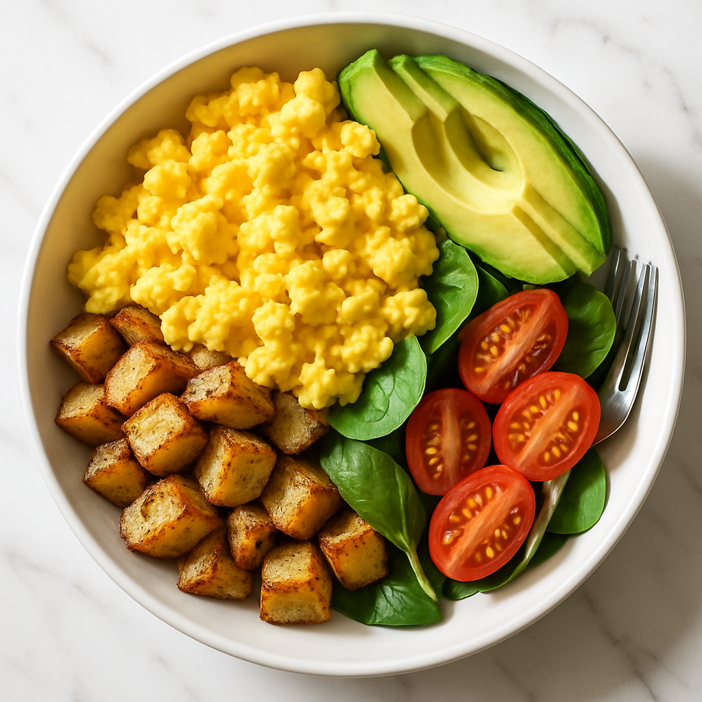High Protein Scrambled Egg Breakfast Bowl with Crispy Potatoes