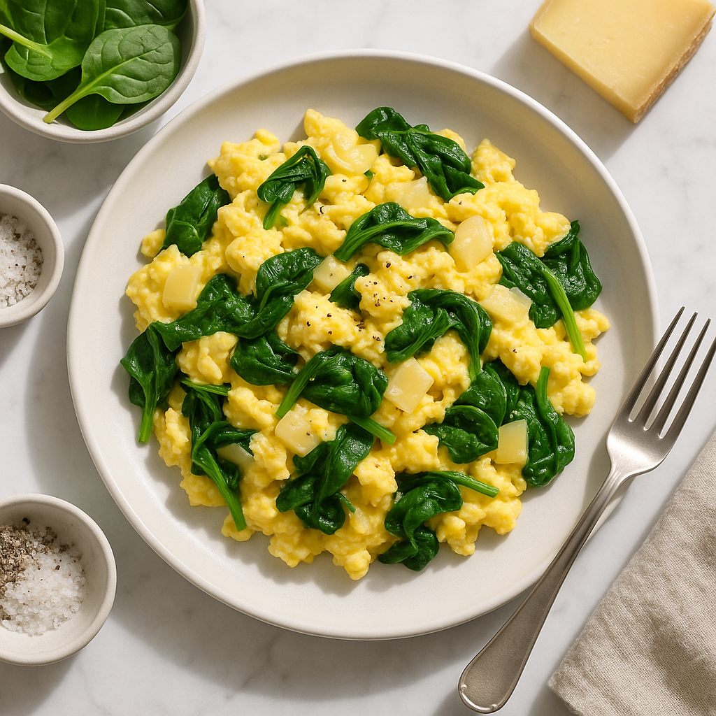 High Protein Scrambled Eggs with Gruyere Cheese and Wilted Spinach