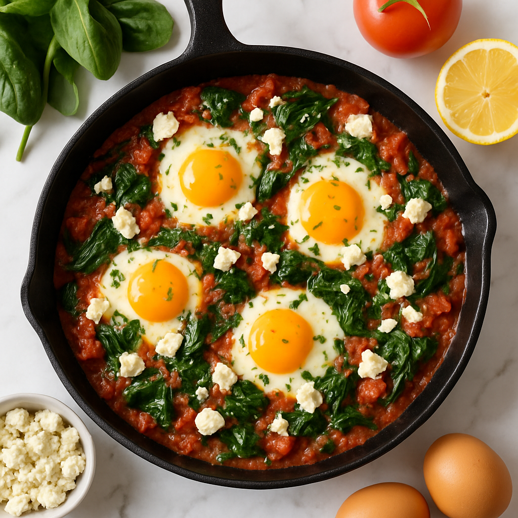 High Protein Shakshuka with Feta Cheese and Spinach