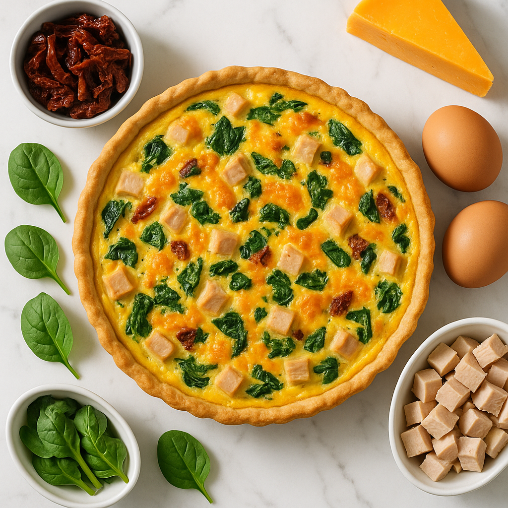 High Protein Turkey and Cheddar Breakfast Quiche with Spinach and Sun-Dried Tomatoes