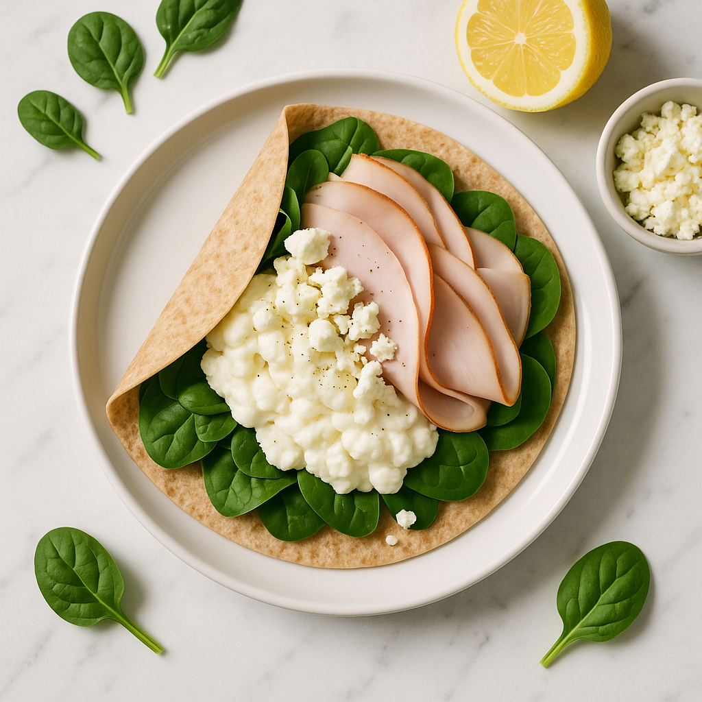 High Protein Turkey and Spinach Breakfast Wrap with Egg Whites and Feta