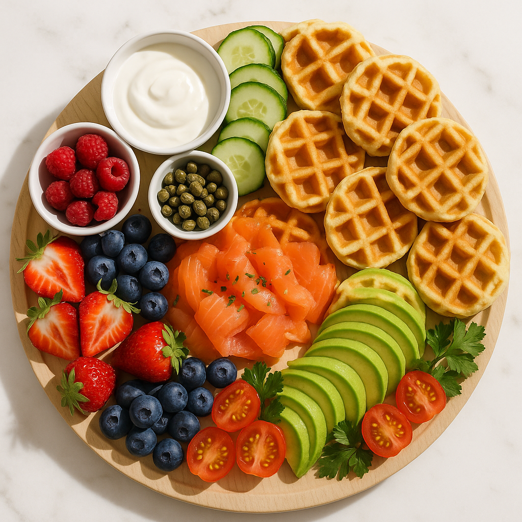 Holiday Morning Breakfast Board with Mini Waffles and Smoked Salmon
