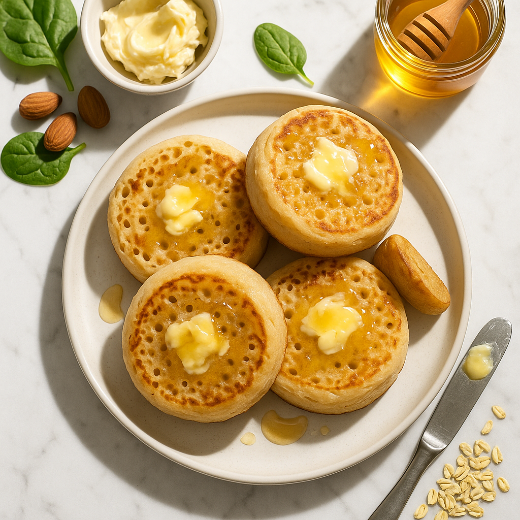 Homemade British Crumpets with Honey Butter Easy Recipe (High Protein, Whole Grain)