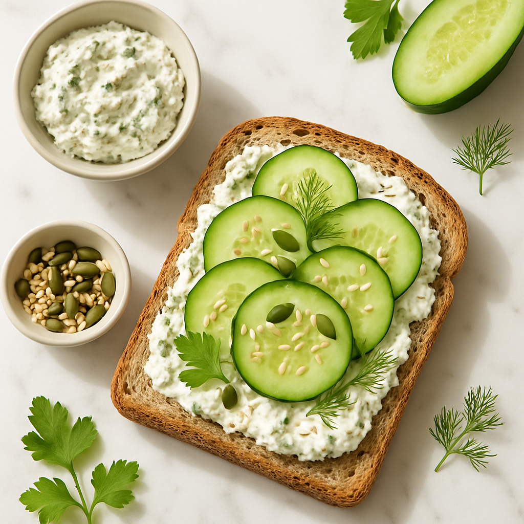 Homemade White Cheese and Cucumber Open Sandwich with Herbs and Seeds