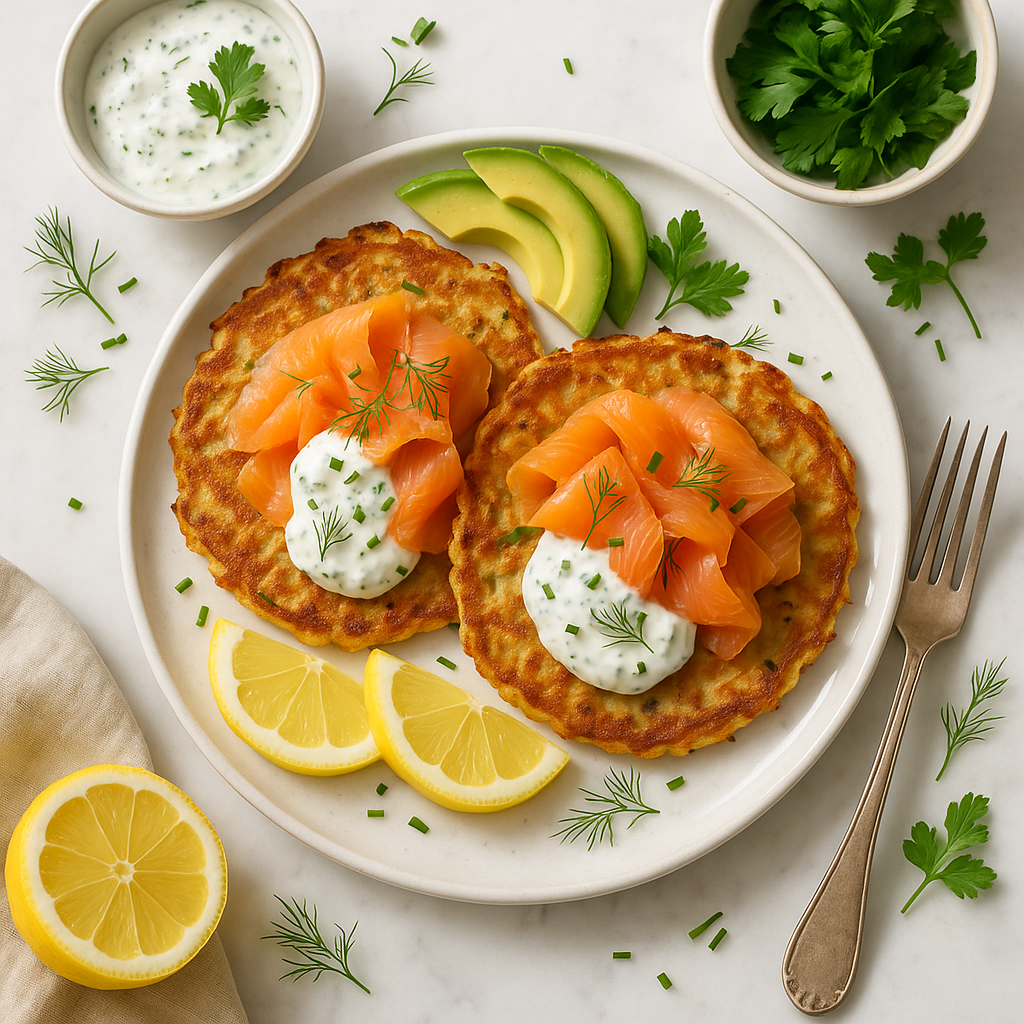 Irish Boxty Pancakes with Smoked Salmon and Greek Yogurt Herb Sauce