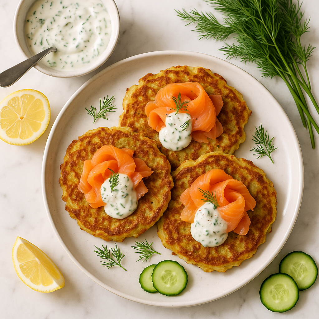 Irish Boxty Potato Pancakes with Smoked Salmon and Greek Yogurt Herb Sauce