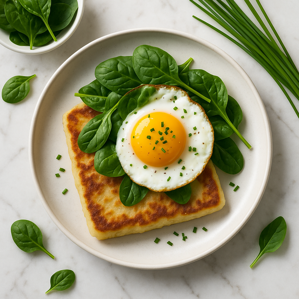 Irish Potato Farls with Fried Egg, Spinach and Chive