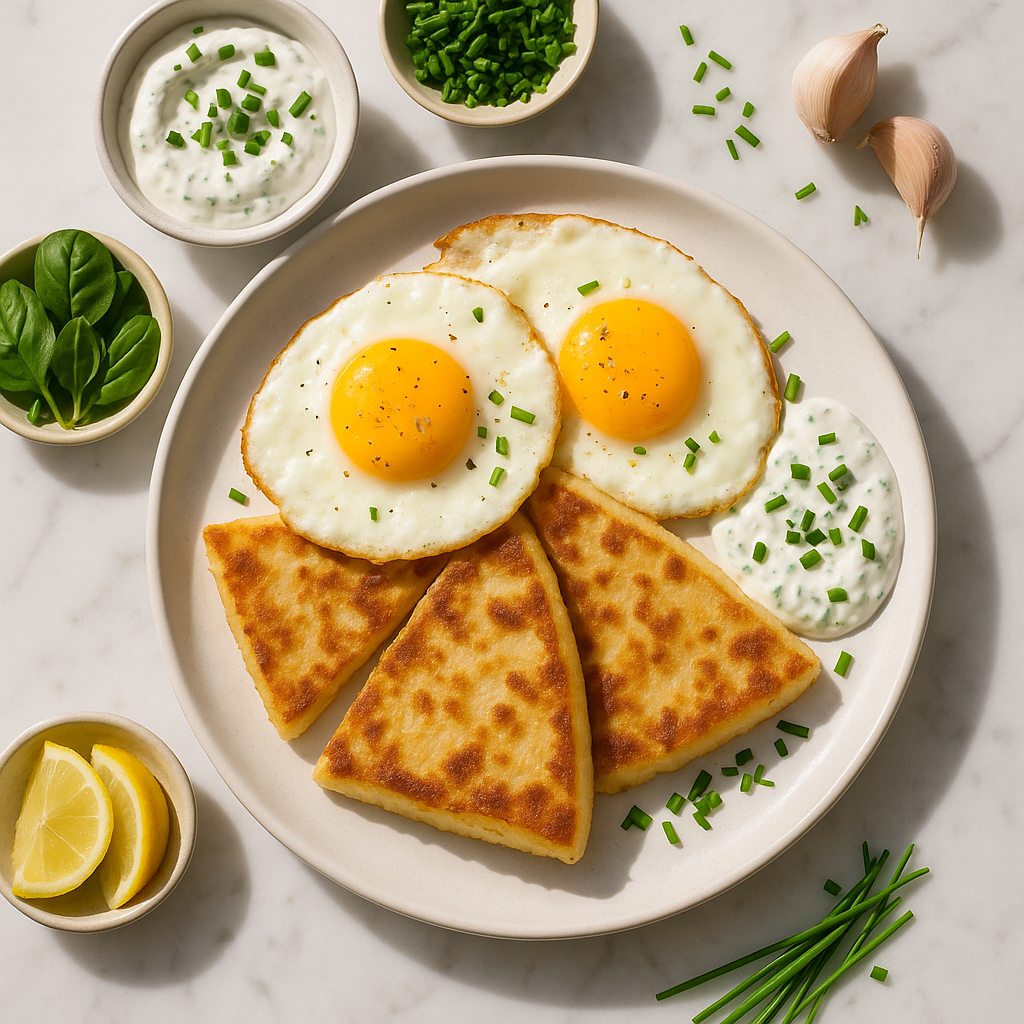 Irish Potato Farls with Fried Eggs and Chive Yogurt