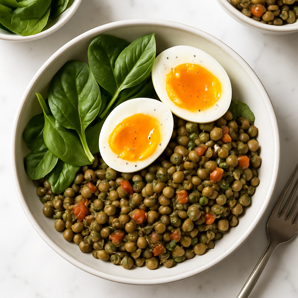 Lentil Breakfast Bowl with Soft Boiled Eggs and Spinach