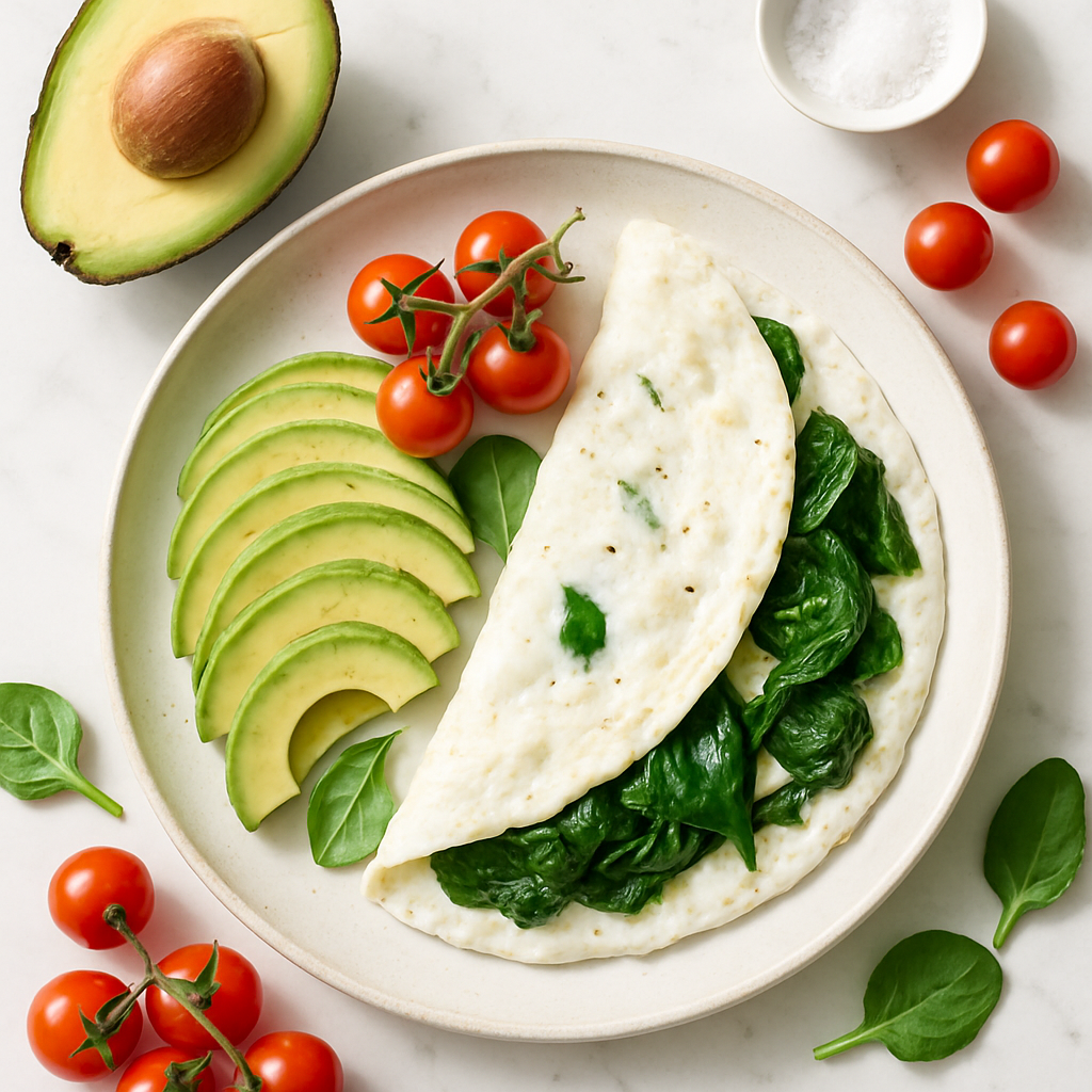 Low Calorie Avocado and Egg White Omelette with Spinach and Cherry Tomatoes