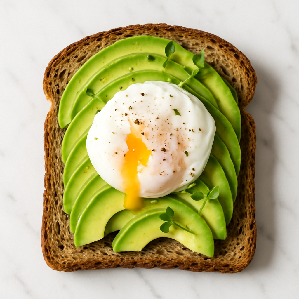 Low Calorie Avocado Toast with Poached Egg on Whole Grain Bread