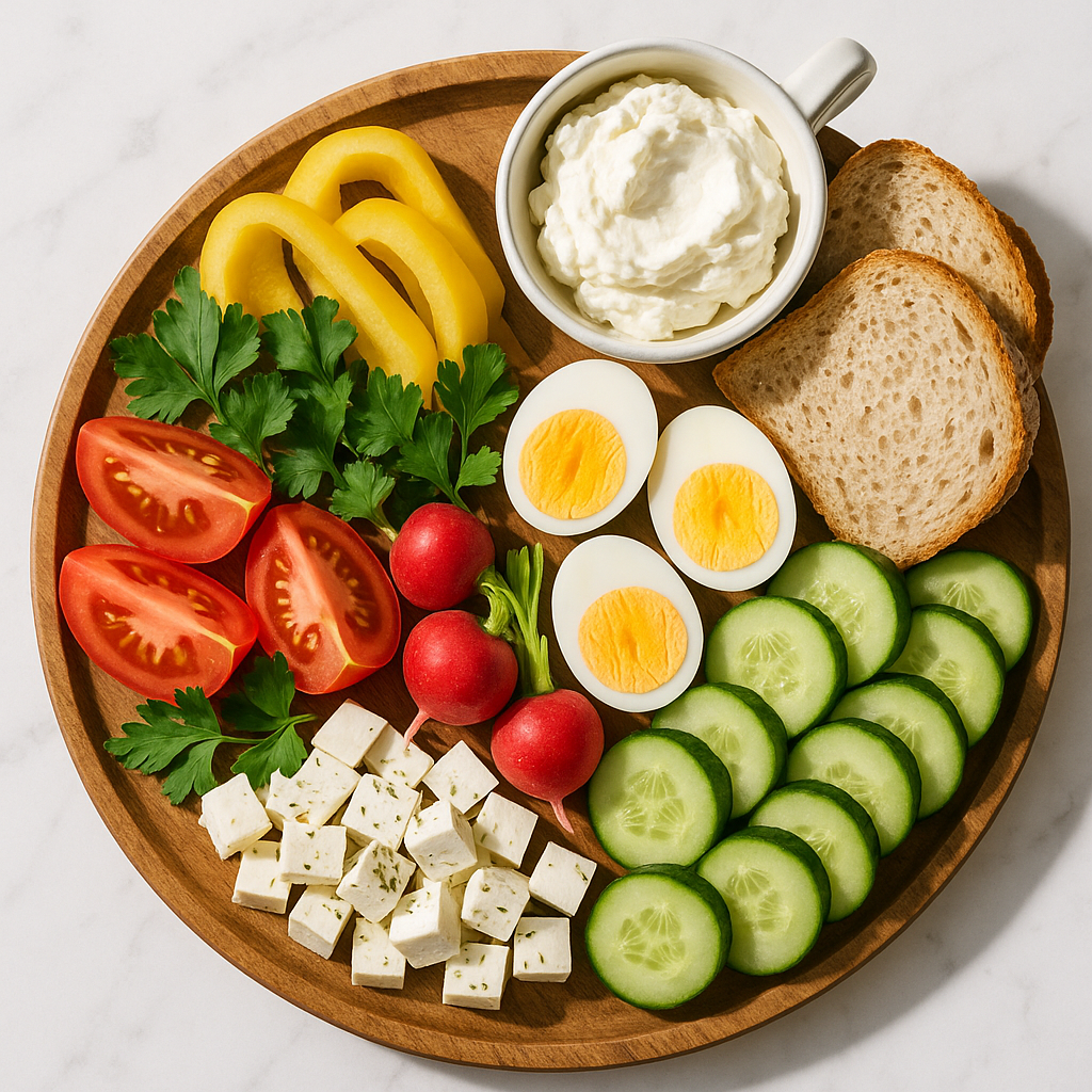 Low Calorie Balkan Vegetable Breakfast Board with Kaymak