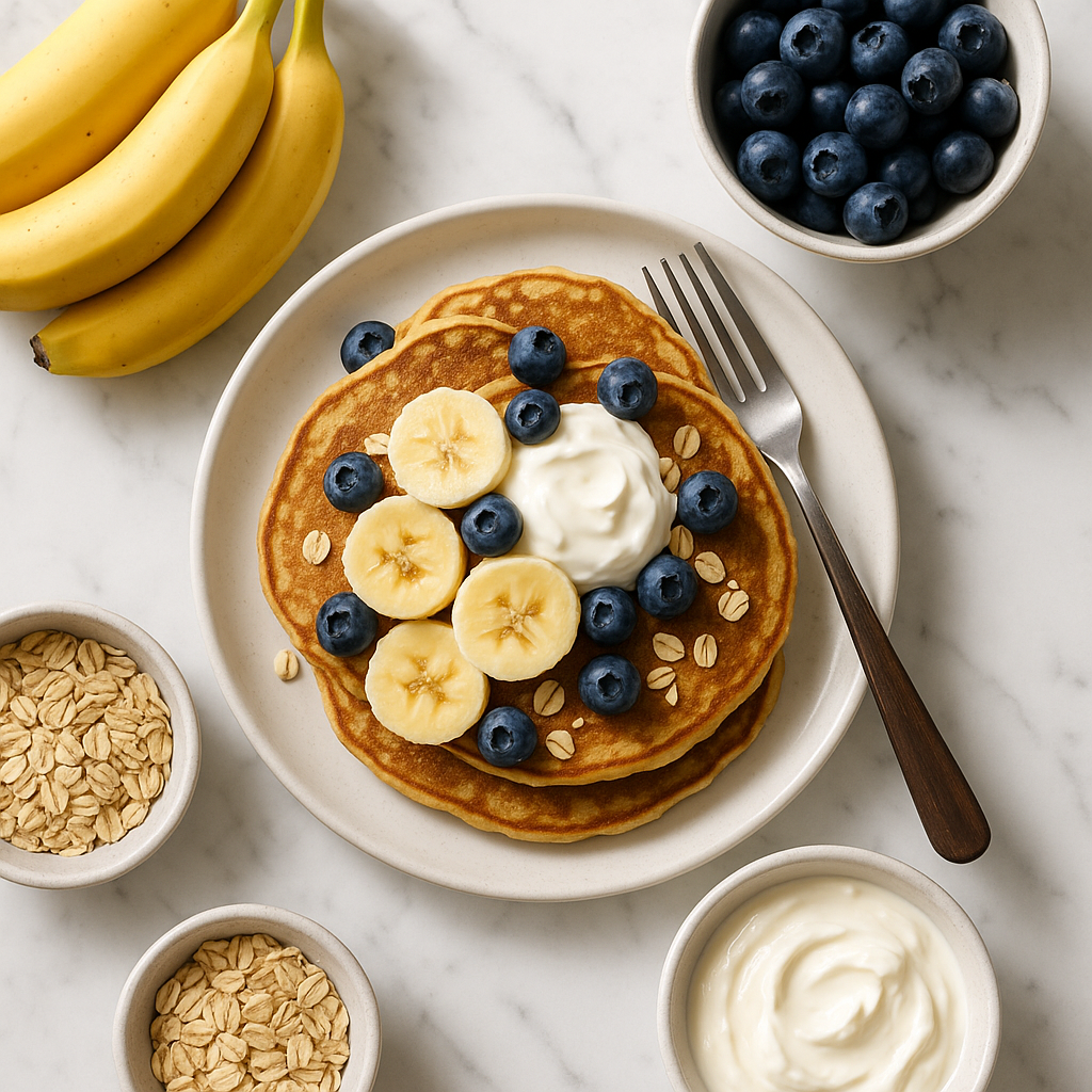 Low Calorie Banana Oat Blender Pancakes with Greek Yogurt