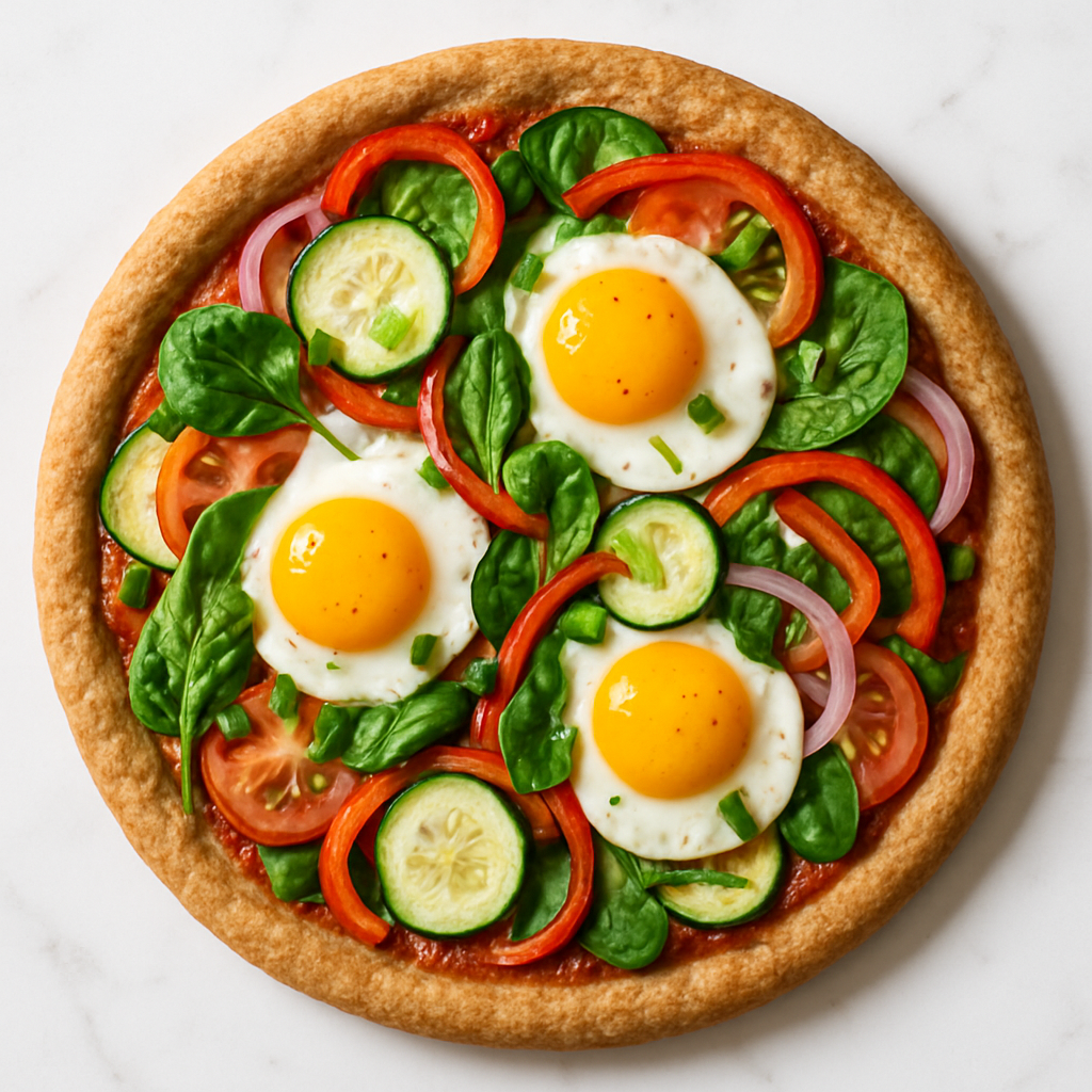 Low Calorie Breakfast Pizza on Whole Wheat Crust with Eggs and Veggies