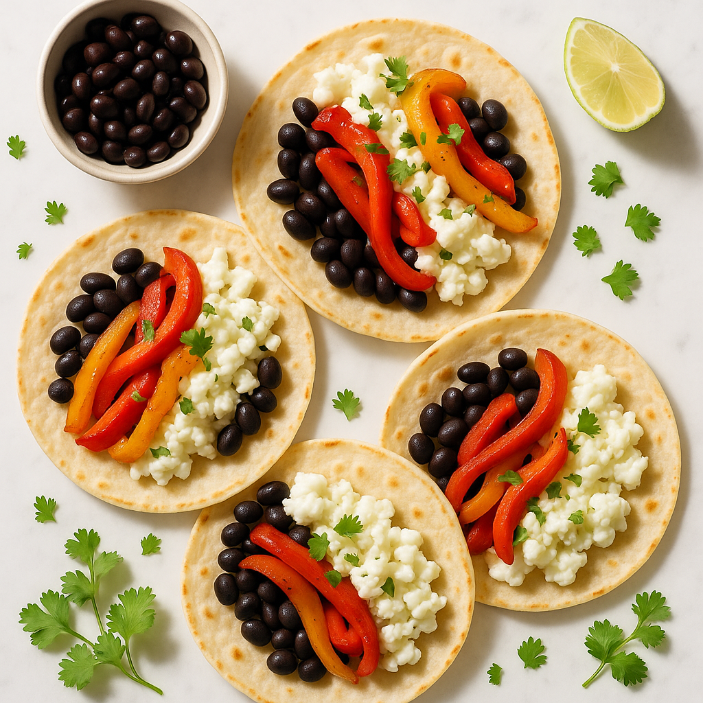 Low Calorie Breakfast Tacos with Egg Whites, Black Beans and Roasted Peppers