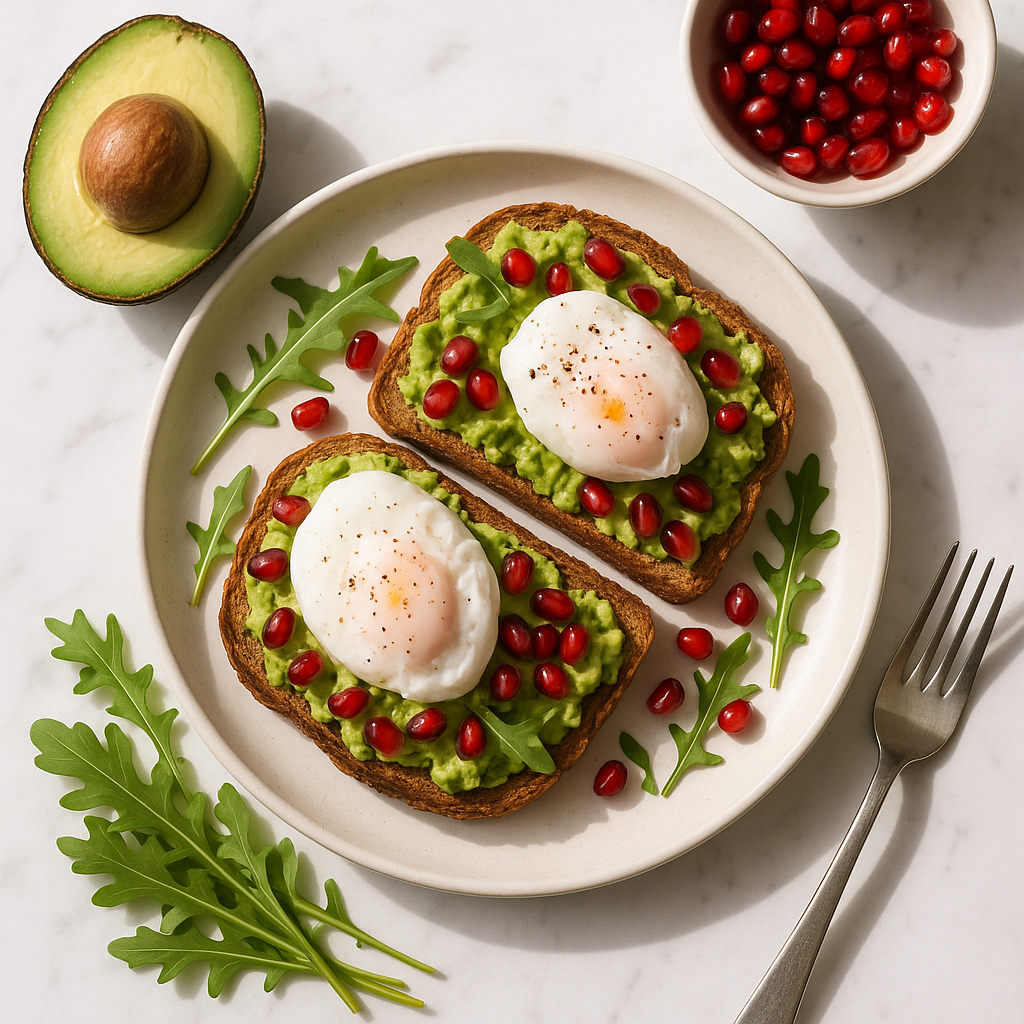 Low Calorie Christmas Morning Avocado Toast with Poached Eggs and Pomegranate