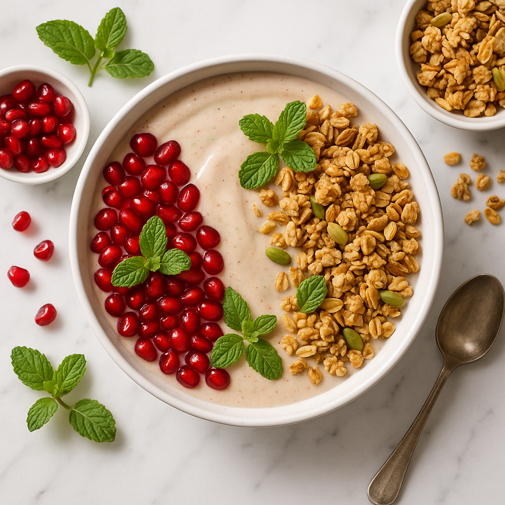 Low Calorie Christmas Morning Smoothie Bowl with Pomegranate and Granola