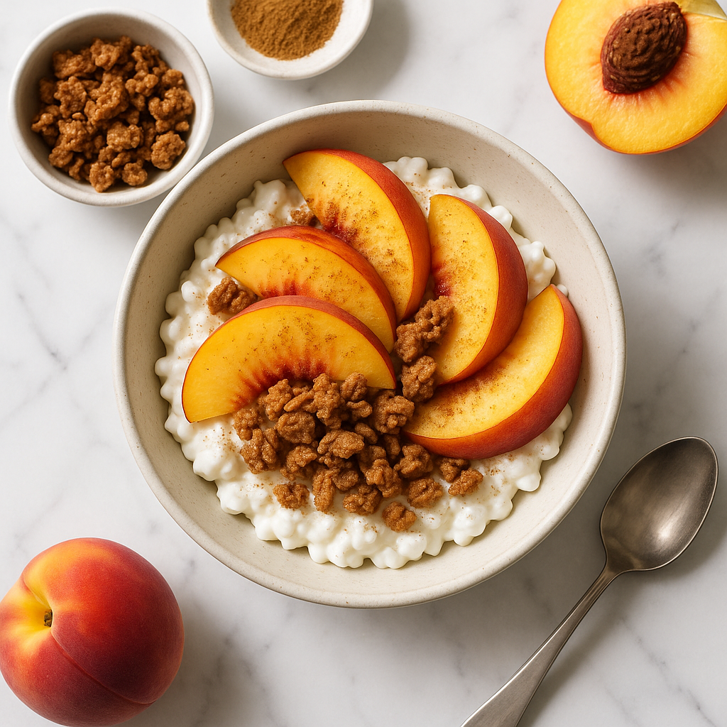 Low Calorie Cottage Cheese Breakfast Bowl with Peaches and Cinnamon Crunch Topping