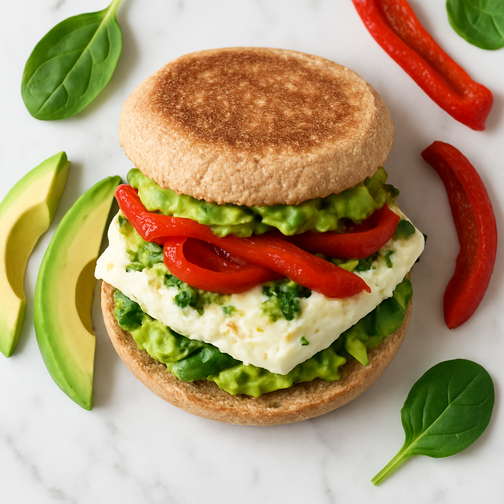 Low Calorie Egg White and Veggie Breakfast Sandwich with Avocado and Roasted Red Pepper