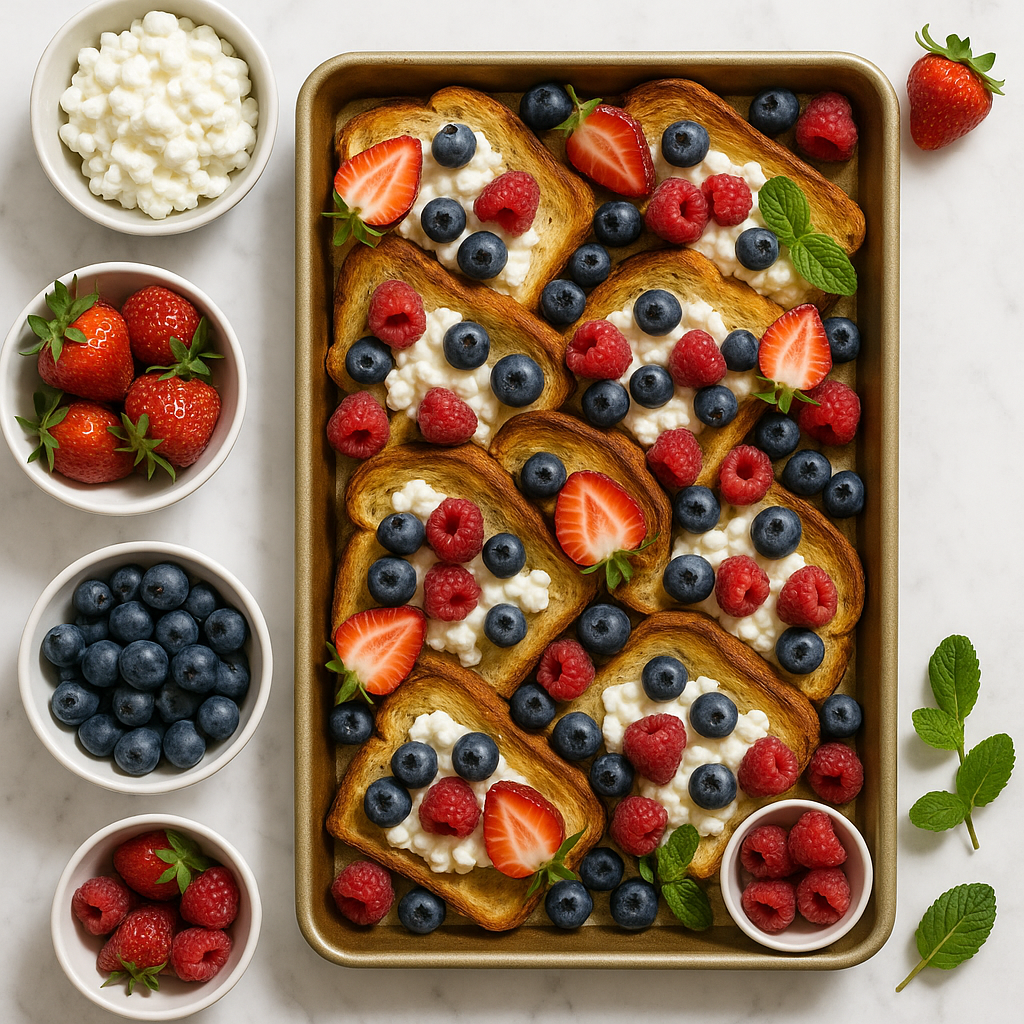 Low Calorie Sheet Pan French Toast Bake with Cottage Cheese and Berries