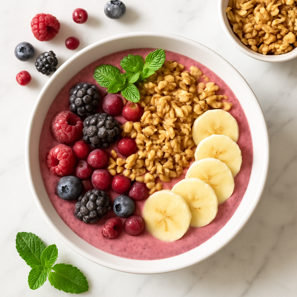 Low Calorie Smoothie Bowl with Frozen Berries and Granola