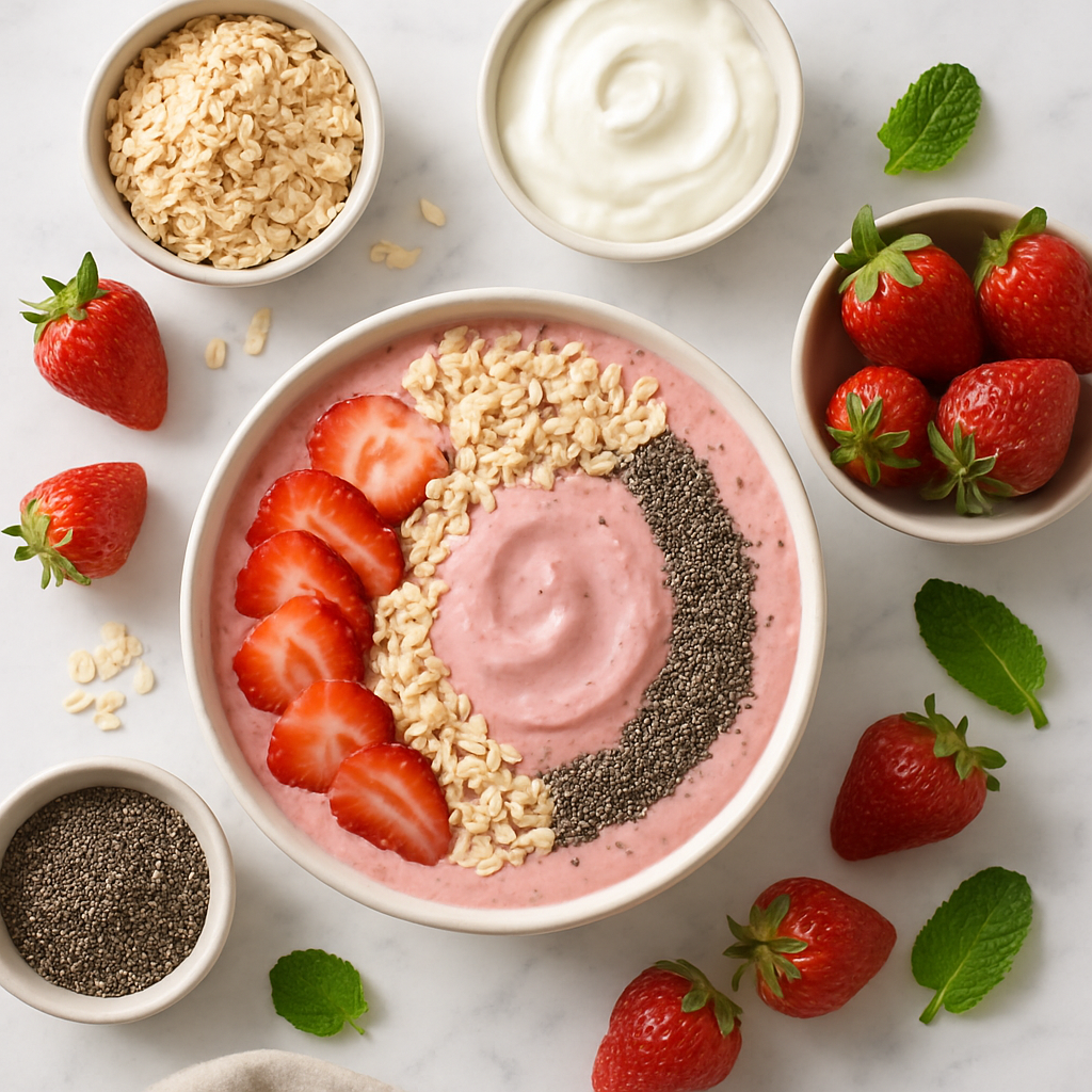 Low Calorie Strawberry Oat Smoothie Bowl Recipe with Greek Yogurt and Chia