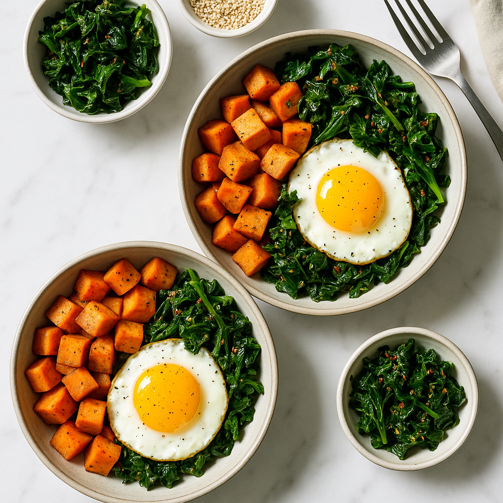 Low Calorie Sweet Potato Breakfast Bowls with Eggs and Spiced Greens