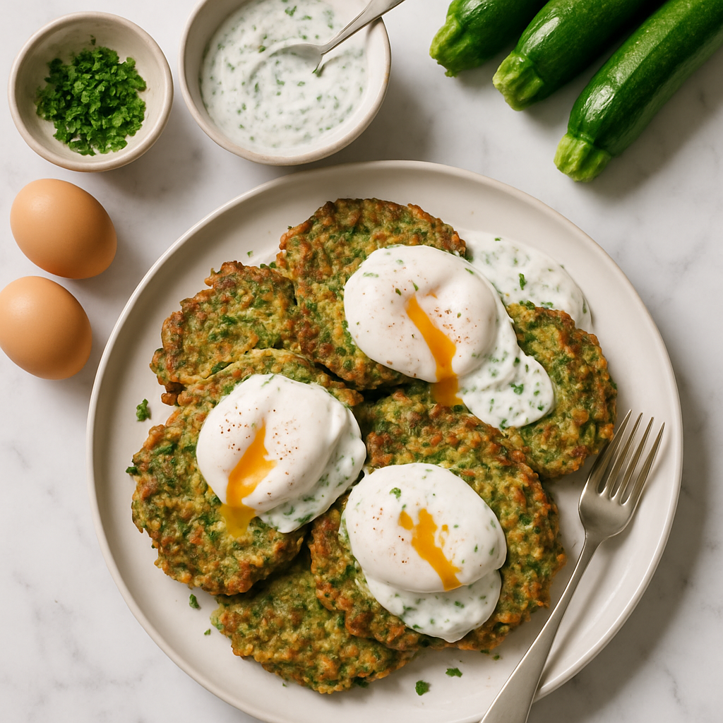 Low Carb Zucchini Fritters with Poached Eggs and Herbed Yogurt