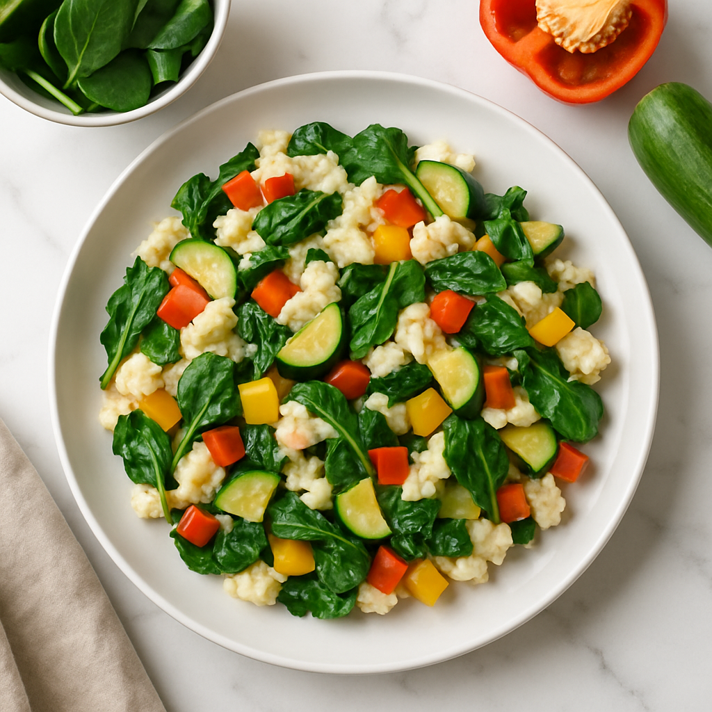 Low Cholesterol Vegetable Egg White Scramble with Spinach, Peppers and Zucchini