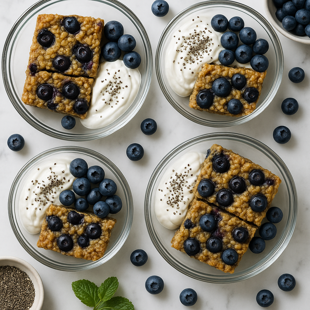 Low Sugar Blueberry Baked Oatmeal Meal Prep Bowls with Greek Yogurt and Chia
