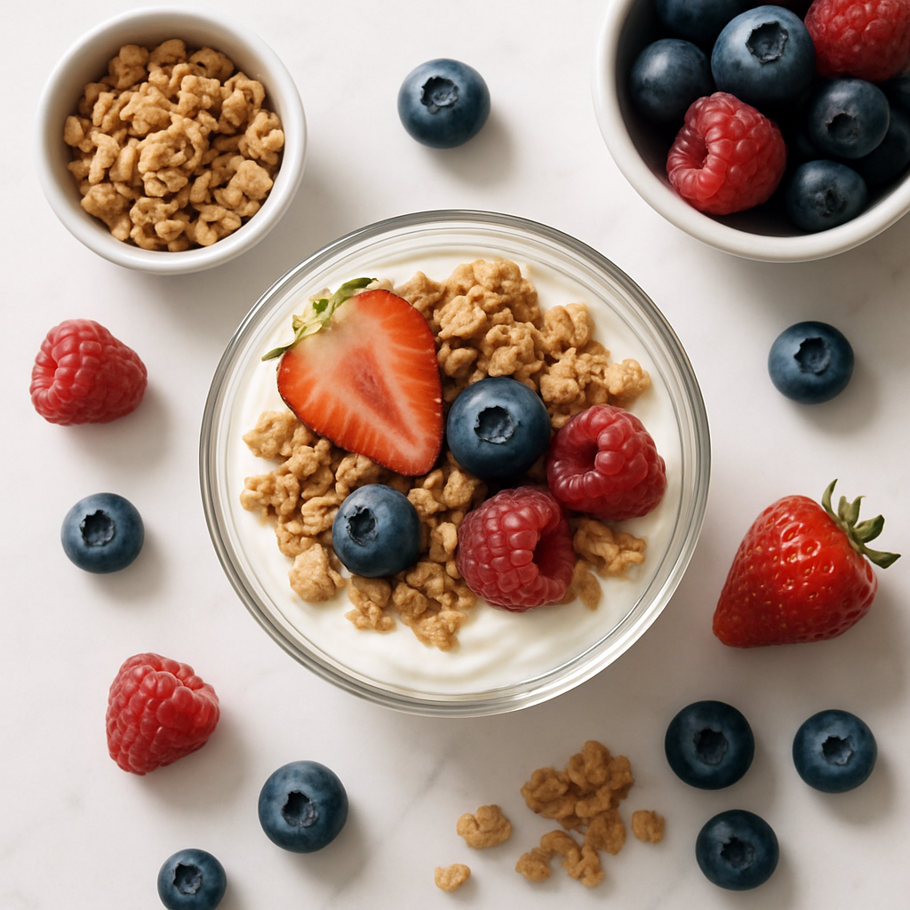 Low Sugar Greek Yogurt Parfait with Granola and Berries