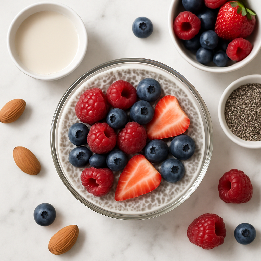 Low Sugar Vegan Chia Pudding with Almond Milk and Berries