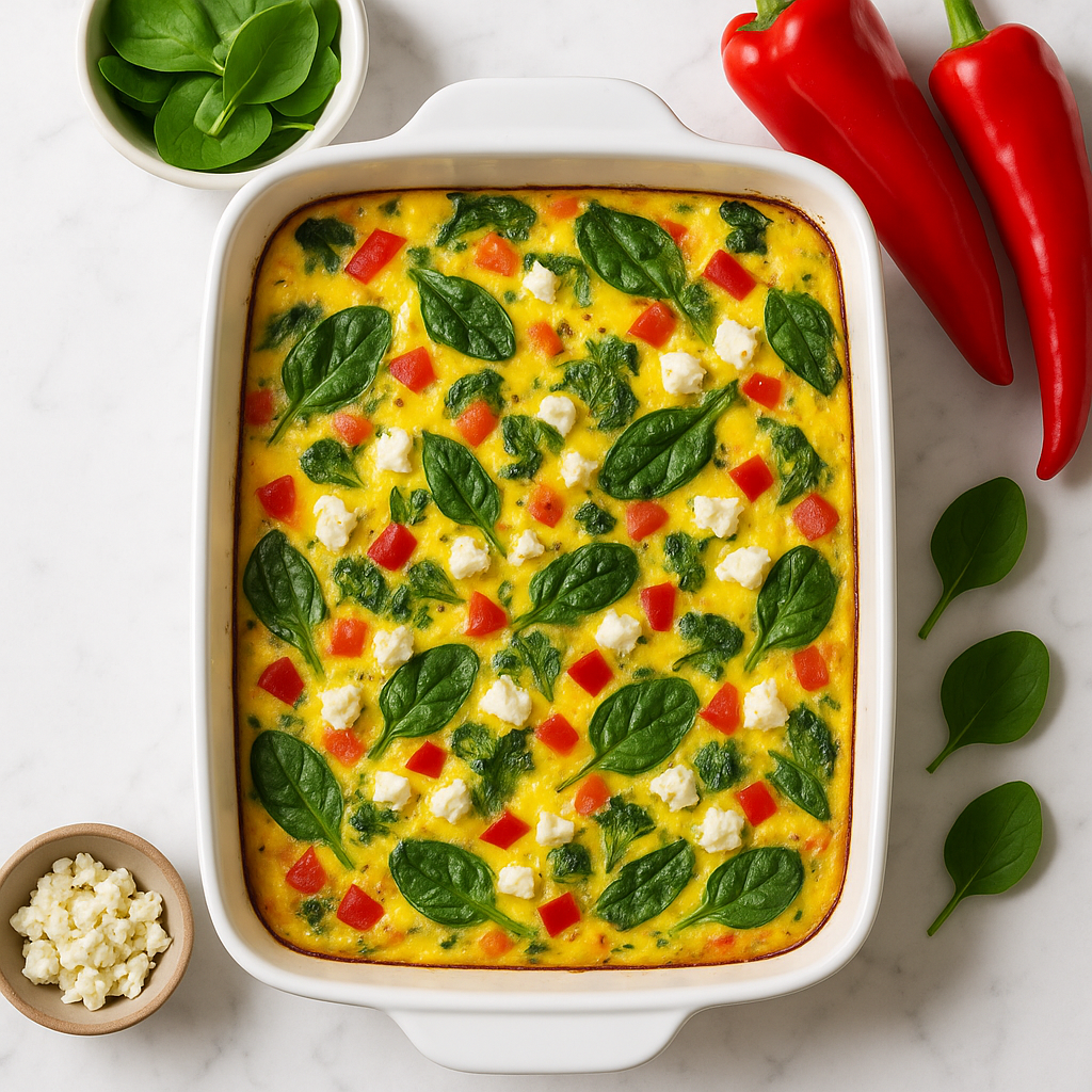 Make Ahead Egg and Vegetable Breakfast Casserole with Spinach, Peppers and Feta