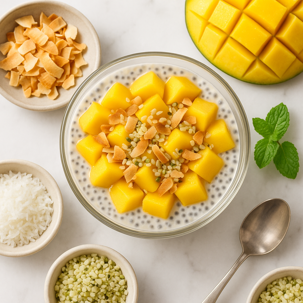 Mango Coconut Chia Pudding Dairy Free with Toasted Coconut and Hemp Seeds