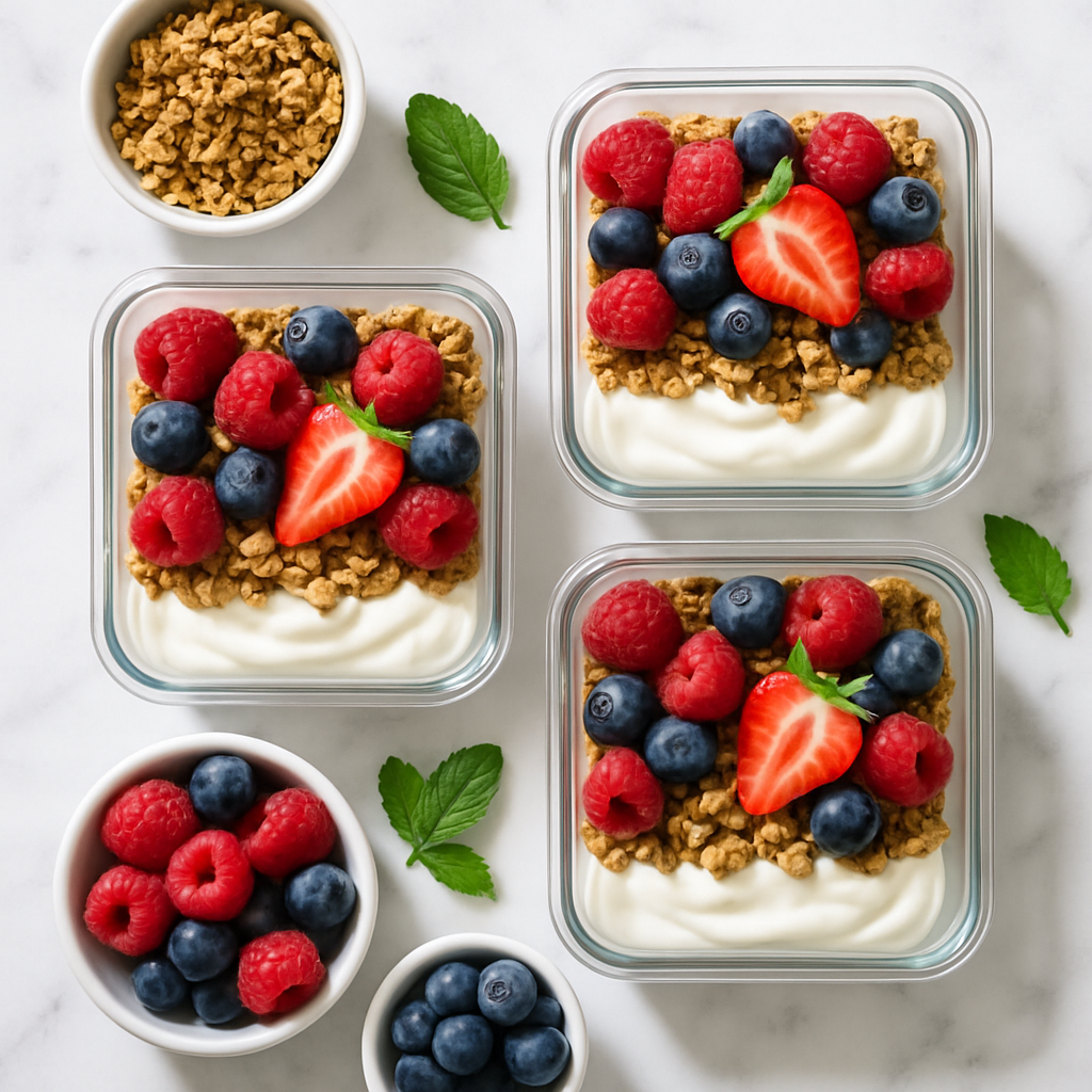 Meal Prep Greek Yogurt Parfaits with Granola and Berries
