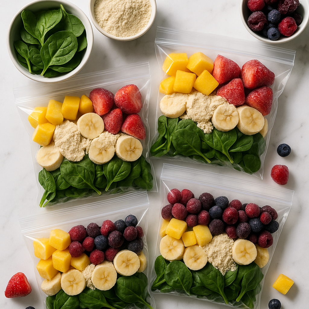 Meal Prep Protein Smoothie Packs with Spinach and Frozen Fruit