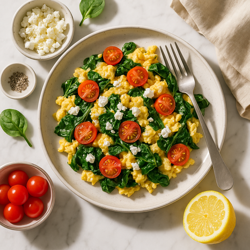 Mediterranean Egg Scramble with Feta and Spinach