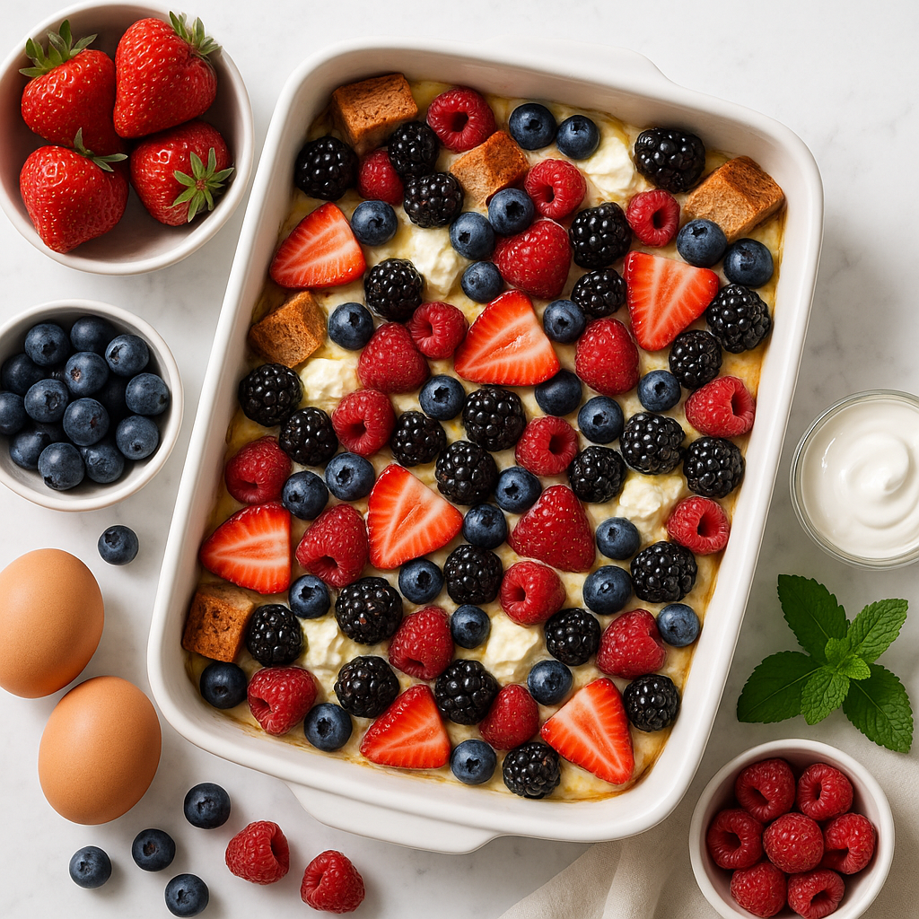 Mixed Berry Cream Cheese Breakfast Bake with High-Protein Custard